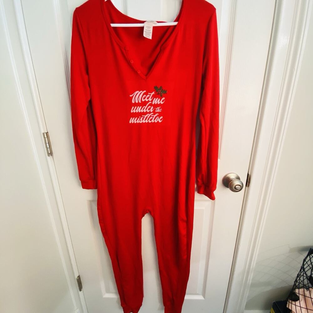 One Piece Pajama Long Johns Comfy Womens Sleepwear Under The Mistletoe Size M